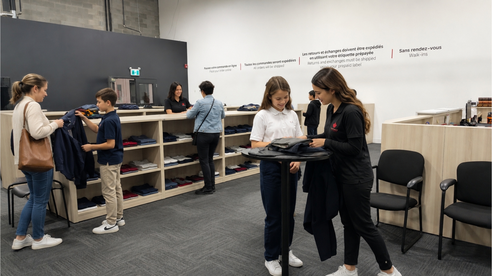 Families receiving uniform fitting support at the Montreal Fit Centre